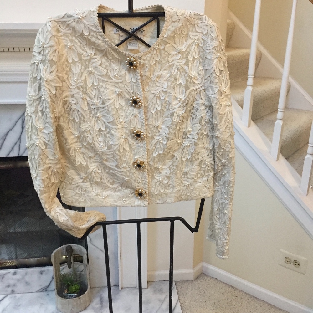 Vintage Look Ivory Jacket with Lace & Bead Details